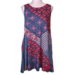 Women Boho Patchwork Mixed Print Sleeveless Swing Dress Maximalist Size Small